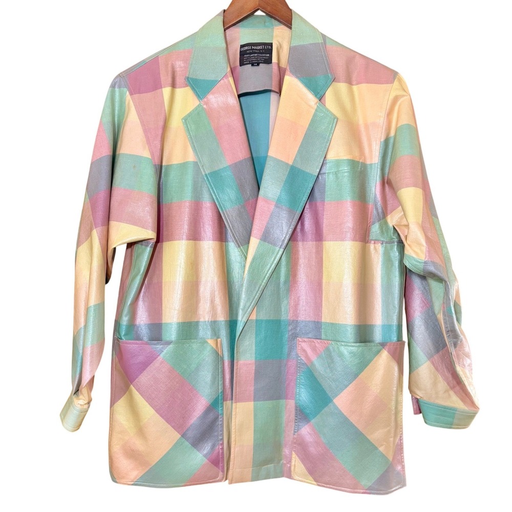VTG‎ George Masket Color-Block Plaid Laminated Blazer Pastel Chic Stylish Sz 14